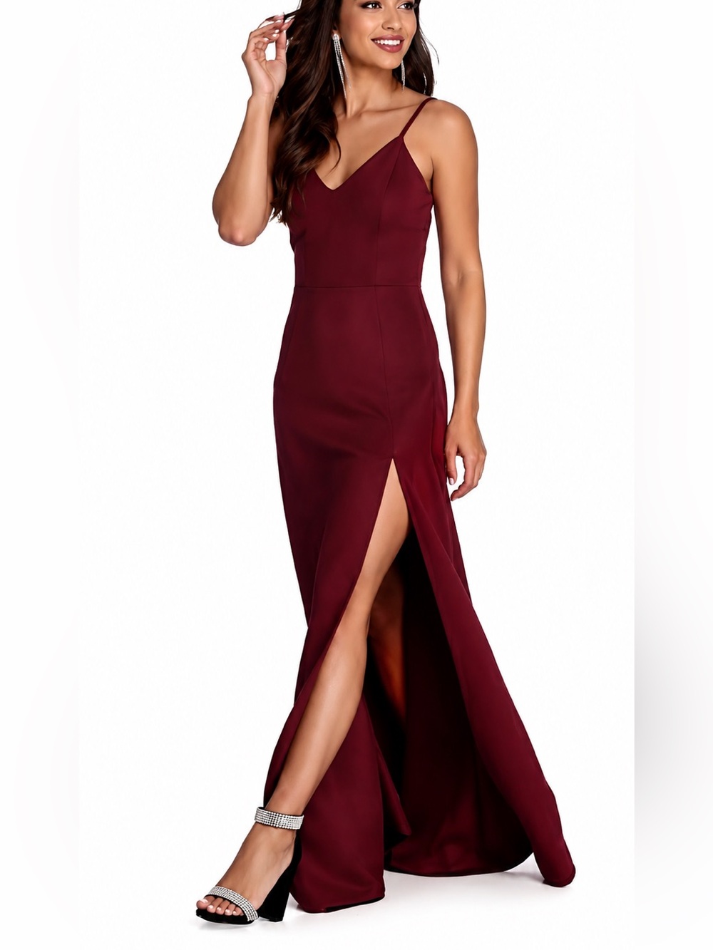 Windsor Satin - burgundy, maxi tie up open back / large slit dress